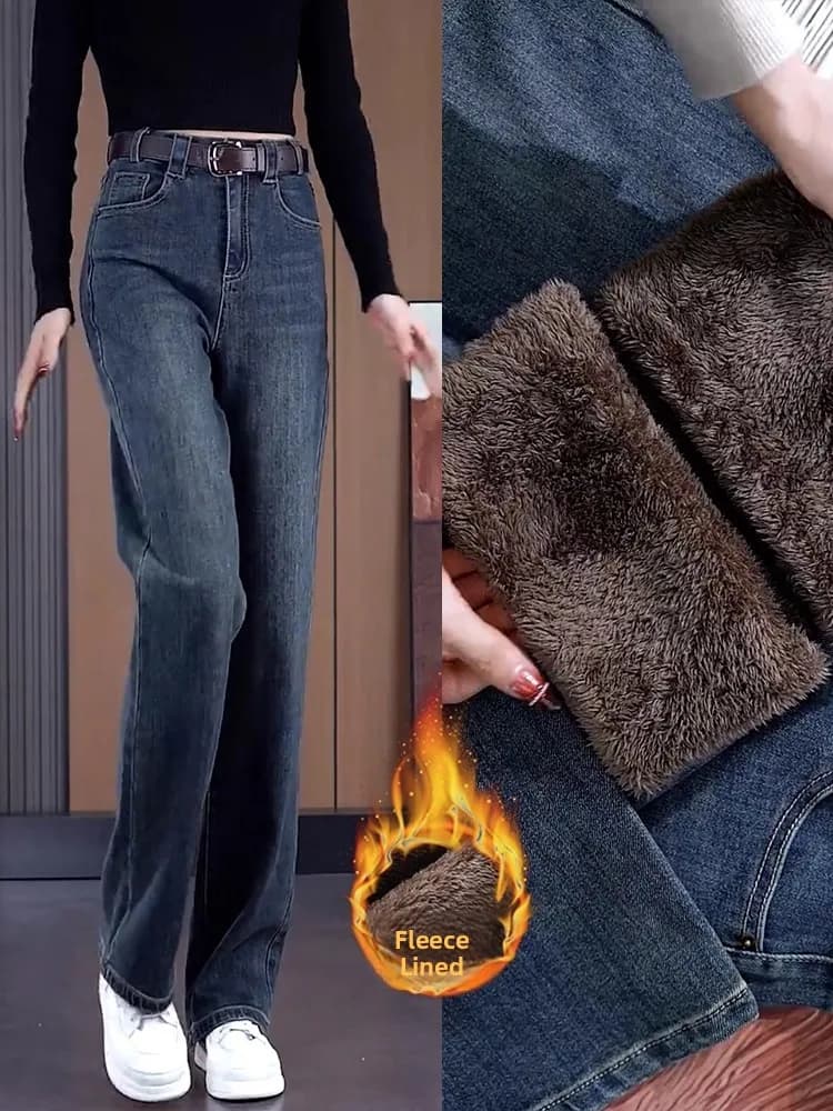 Jeans a gamba dritta da donna, a vita alta, casual, in denim, foderati in pile, spessi, taglie forti, effetto snellente, autunno inverno
