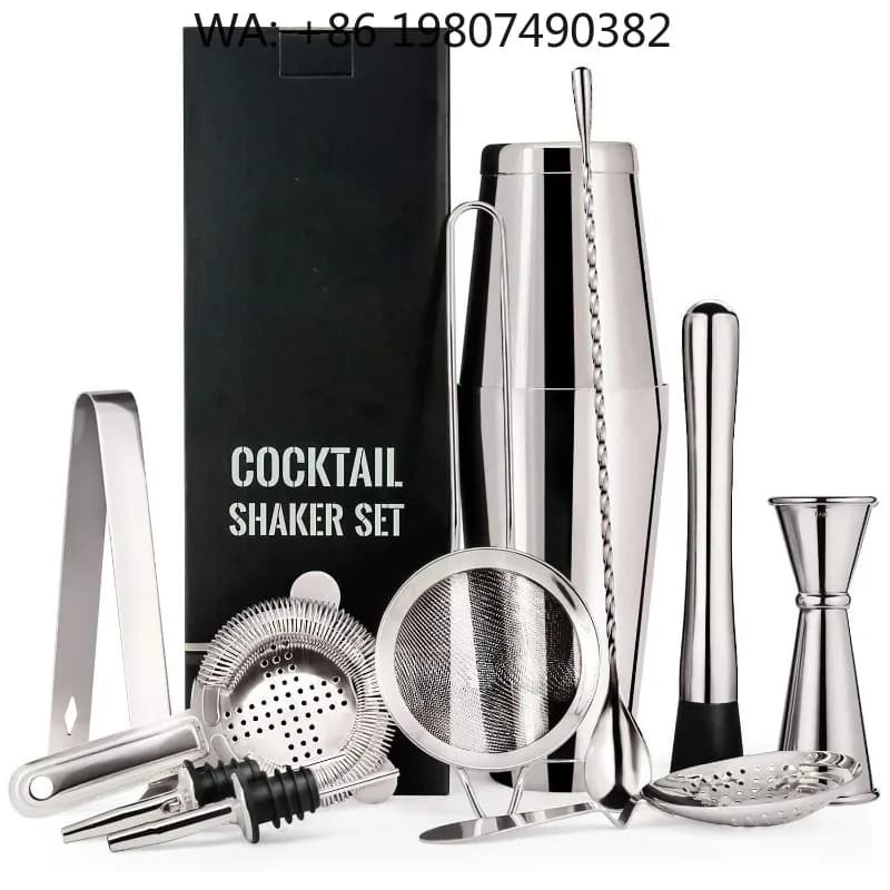 Factory Direct Hot Sale Bartender Supply Kit, 11Pcs Mirror Polished Stainless Steel Boston Cocktail Shaker Complete DIY Bar Tool