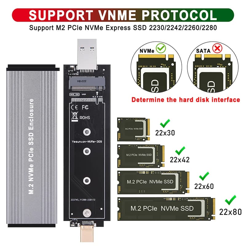 USB3.1 Tipo-A + USB 3.2 Gen 2 Tipo C 10Gb Custodia SSD M.2 Custodia NVME Adattatore da NVME a USB esterno + Cinturino Custodia SSD M.2 NVME