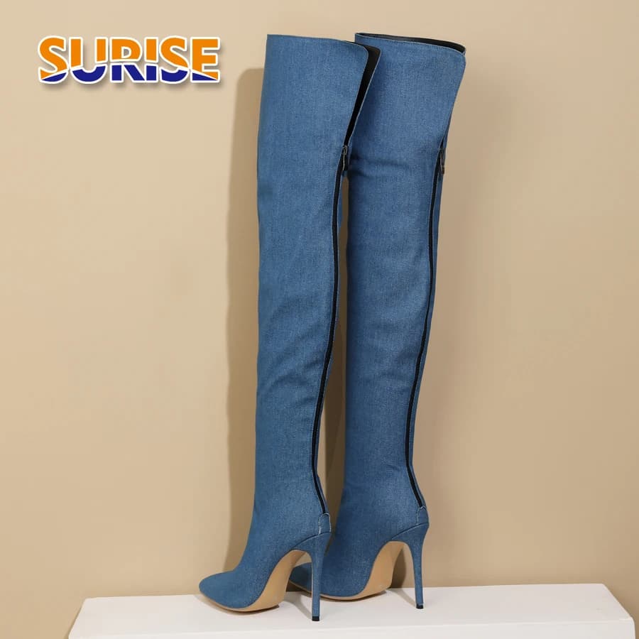 Women's Thigh Boots Sexy Blue Denim Black Spikes Thin Spike Pointe Jeans Women's Zipper Back Boots On Knee