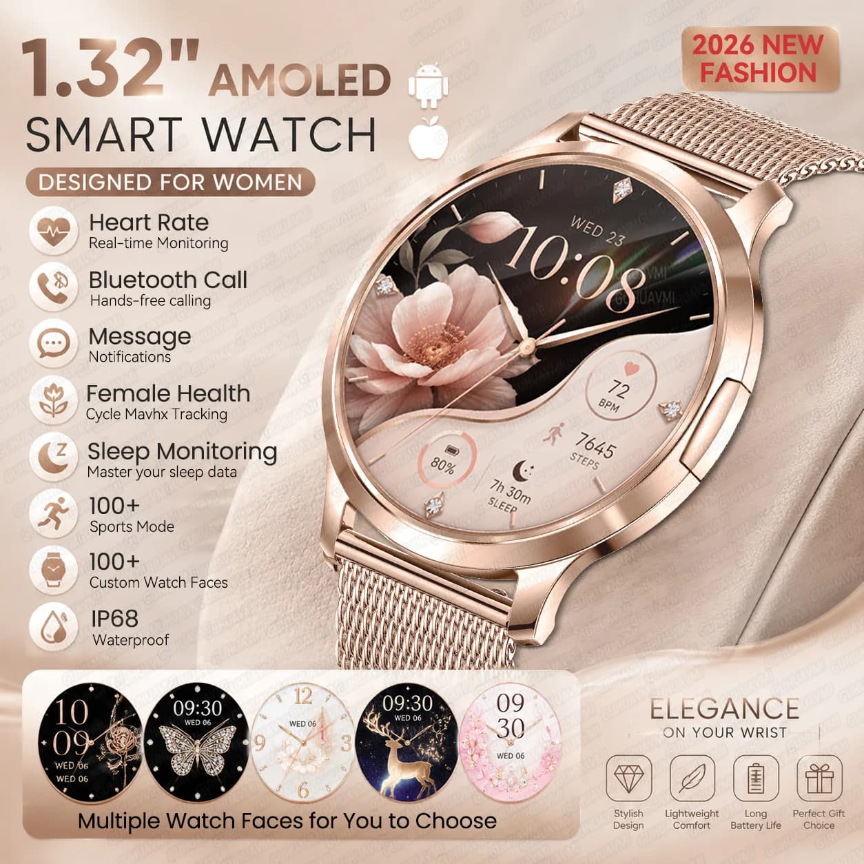 New Fashion 1.32" AMOLED Curved Screen Smart Watches Women Bluetooth Call Fitness Tracker IP68 Waterproof Smartwatches For IOS