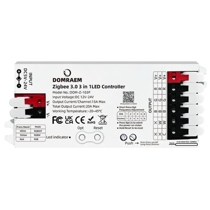 AD23-Domraem Zigbee3.0 RGBCCT RGB RGBW Controller per Strisce LED 3 in 1 12V-24V 20A Dimmer Intelligente Compatibile con Smartthings e Alexa Home