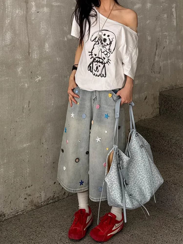 American Style Spicy Girl Button Decorated Jeans Women's Summer Wash Loose Lazy Straight Leg Wide Leg Mid-Pant
