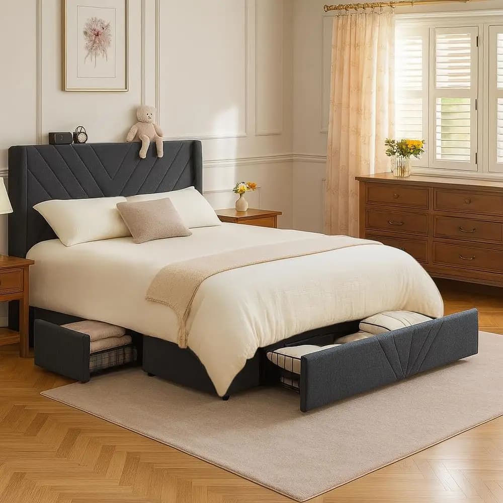 Letto matrimoniale imbottito con contenitore, testiera Wingback, porte USB e Type-C, non richiede rete a doghe, silenzioso, grigio