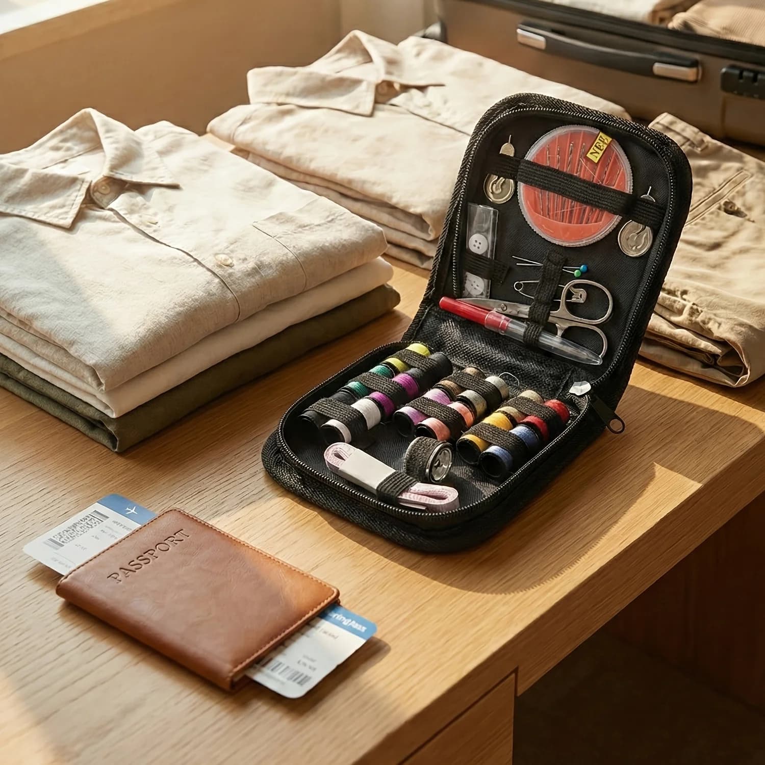 Kit da Cucito da Viaggio Compatto e Leggero, Organizzatore con Aghi, Fili, Ditali e Spille di Sicurezza per Riparazioni Domestiche e di Emergenza