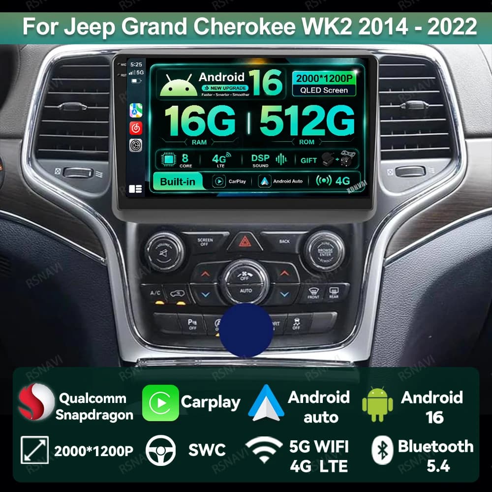 Car Radio Android 16 For Jeep Grand Cherokee WK2 2014 - 2022 BT QLED DSP Head Unit GPS Wireless Carplay Auto DVD Navigation