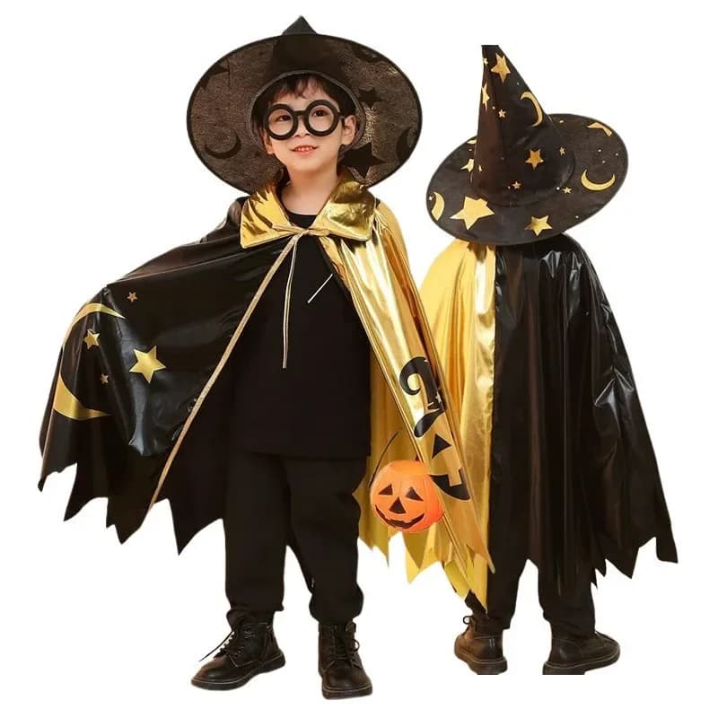 Bambini unisex strega costumi di Halloween mantello cosplay con cappello da strega 2 pezzi bambino festa di carnevale fantasia oro nero blocco vestito mantello