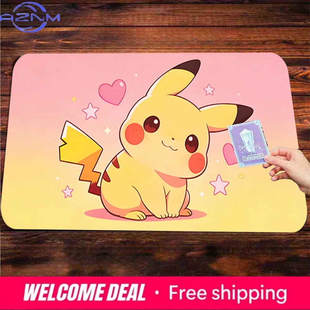 Simpatico tappetino da scrivania Pikachu con stampa di cuori e stelle rosa, tappetino per mouse lavabile antiscivolo