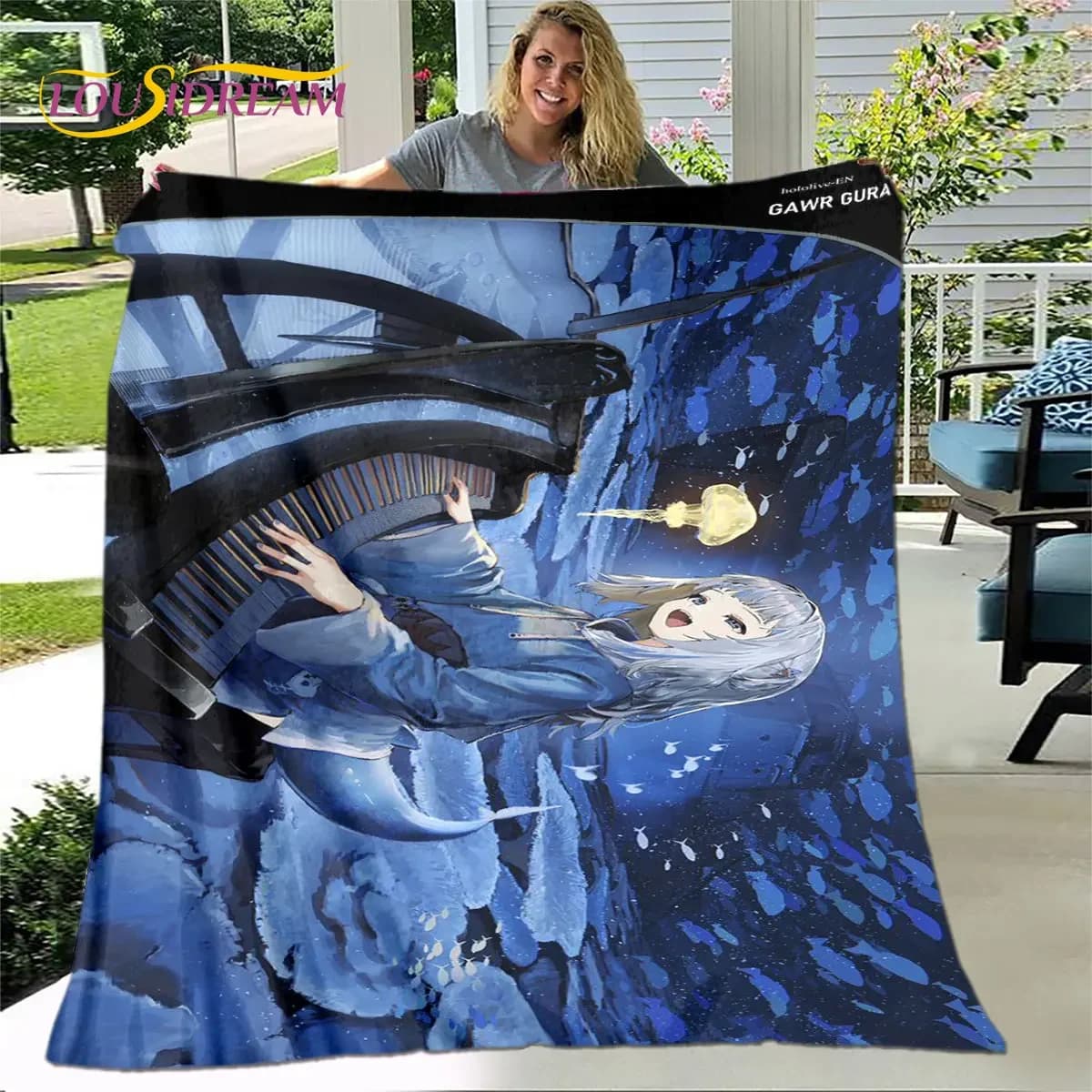 Simpatica coperta in peluche morbida Gawr Gura Hololive Anime, coperta in flanella per soggiorno, camera da letto, divano letto, copertura da picnic per bambini