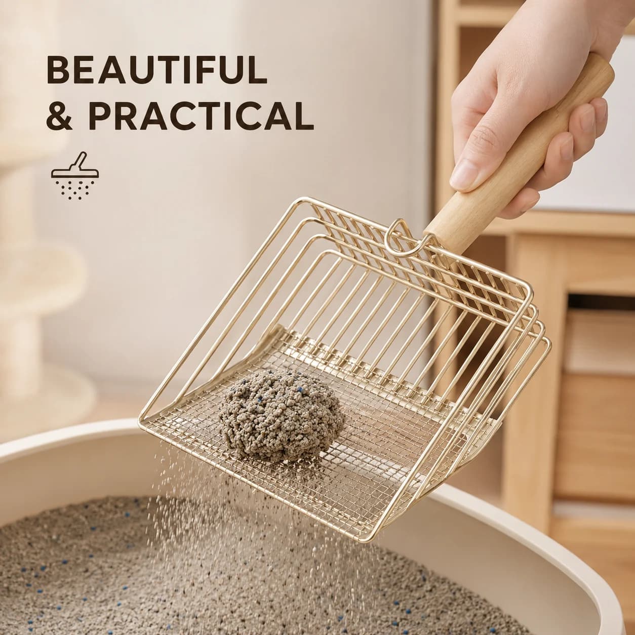 Gold Stainless Steel Cat Litter Scoop with Wooden Handle Large Metal Sifter Shovel for Fast Litter Box Cleaning