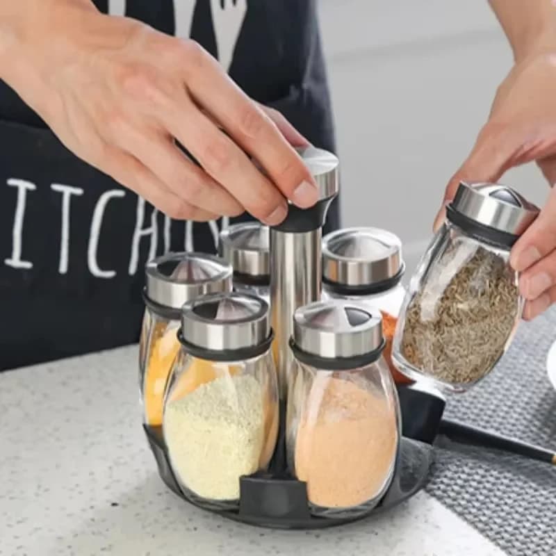 7 pz/set Barattolo di Spezie Set Rack Organizzatore di Vetro Rotante di Vetro Condimento Zucchero Bottiglie di Pepe Sali Shakers Titolare Cucina Spice Rack