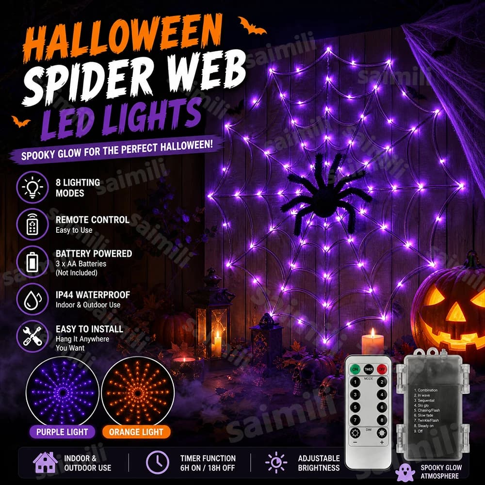 Halloween Spider Web Hanging Ornament LED String Lights 70LED 8 Modes Battery For Ghost Festival Home Party Wall Decoration