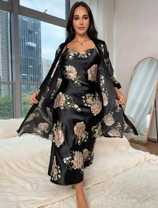 Set di camicie da notte sexy in seta imitazione lunga da donna di grandi dimensioni, set di 2 pezzi di indumenti da notte stampati larghi alla moda e casual
