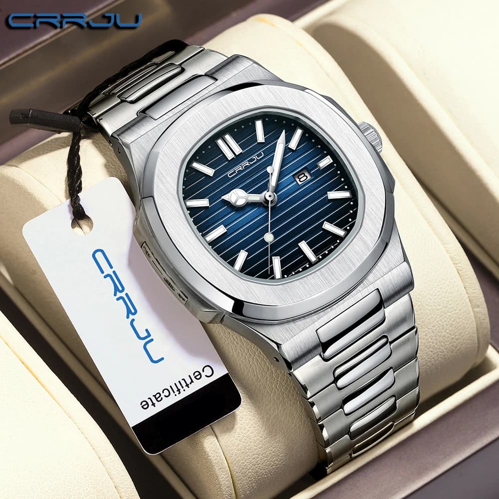 CRRJU Orologio da polso da uomo di lusso Orologio da uomo al quarzo in acciaio inossidabile da lavoro Orologio da uomo quadrato con data luminosa impermeabile
