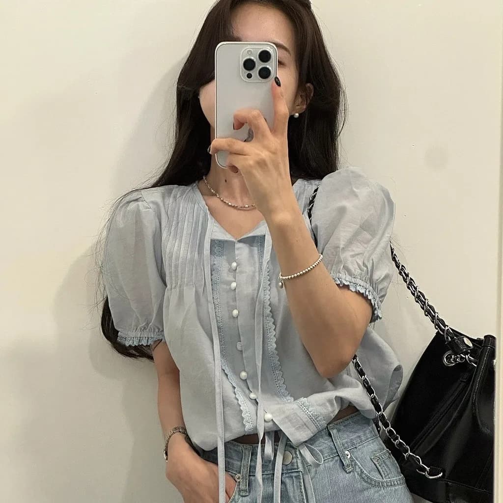 Chic White Shirt with Bubble Sleeves And Lace Trim for Women Elegant Draped Belt Korean Style Spring Autumn Winter Casual Wear