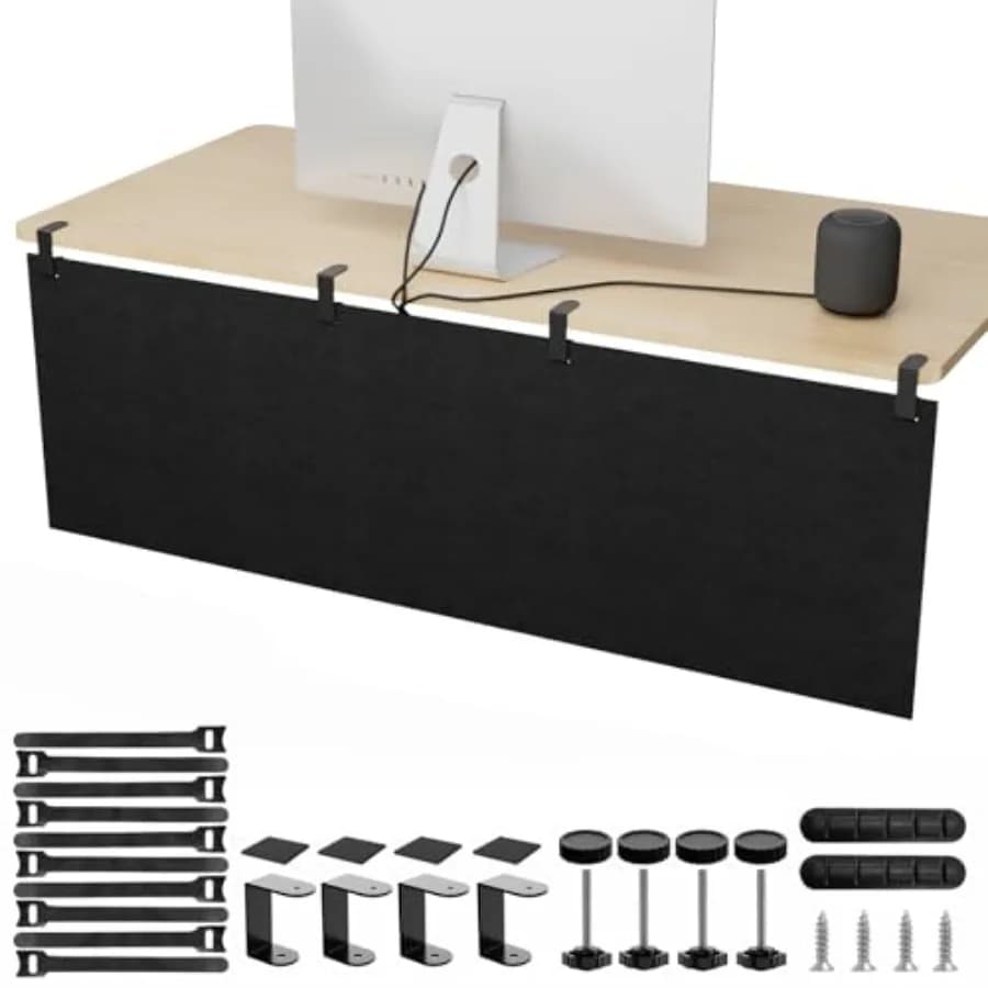 Pannello di gestione cavi e privacy 2 in 1 senza foratura per sotto scrivania, con organizer per cavi, pannello di copertura in feltro per scrivania regolabile in altezza