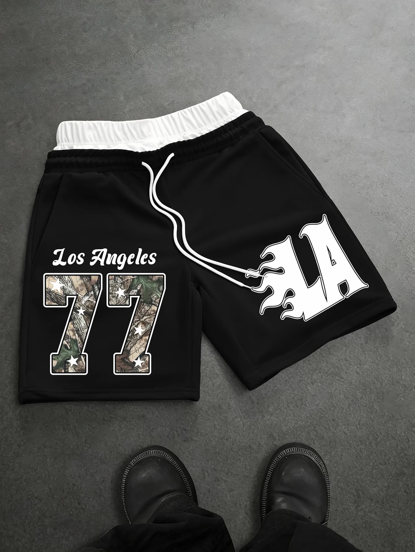 Men's Streetwear Shorts Brand Los Angeles 77 Camo Flame LA Print Polyester Black Dual Waistband Casual Shorts S-2XL