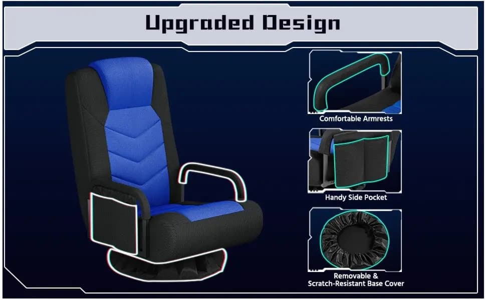Swivel Floor Gaming Chair – Foldable Lazy Sofa with Adjustable Reclining Backrest, Padded Armrests & Comfortable Seat Cushion | Home Living, Dorm, or Office Use | Black & Red / Black & Blue Options