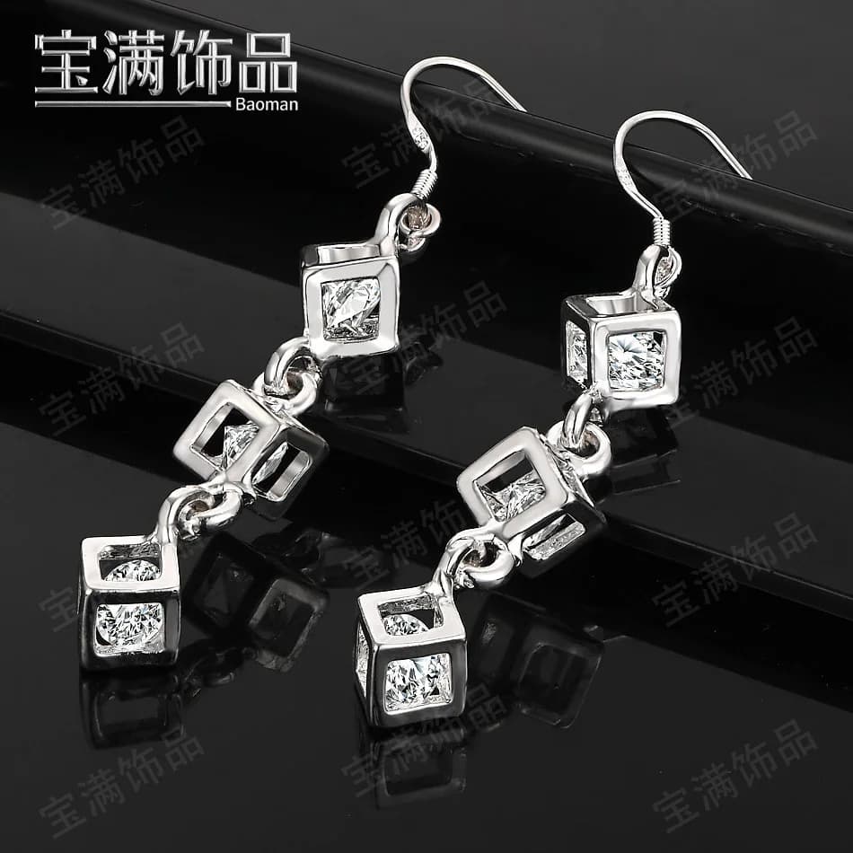 Creative checkered zircon earrings for women crafted in 925 silver‑plated drop style with elegant jewelry design