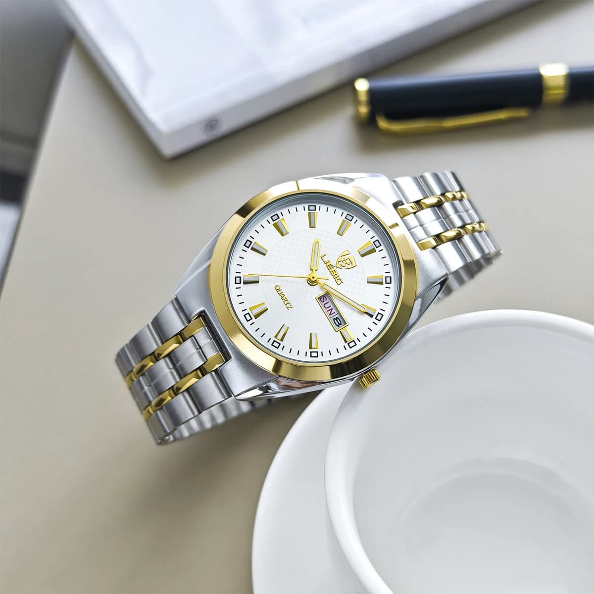 LIEBIG Orologi da uomo di lusso in acciaio inossidabile dorato, orologio da polso al quarzo impermeabile con data e ora, per uomo e donna, reloj