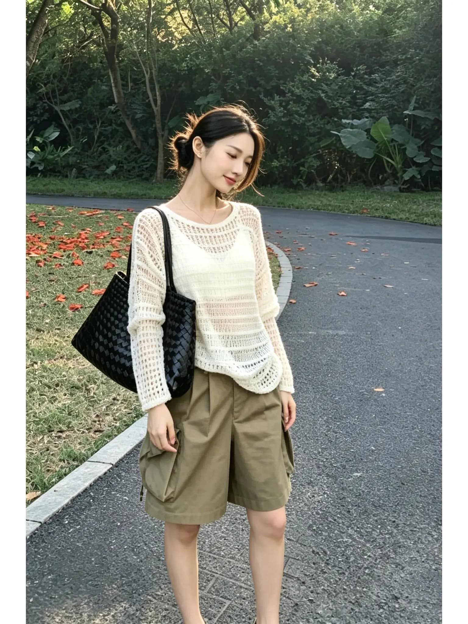 Pantaloni a gamba larga a trapezio alla moda, casual, a vita alta, a tubo dritto, con tasche grandi, semplici, di tendenza, modellanti, corti
