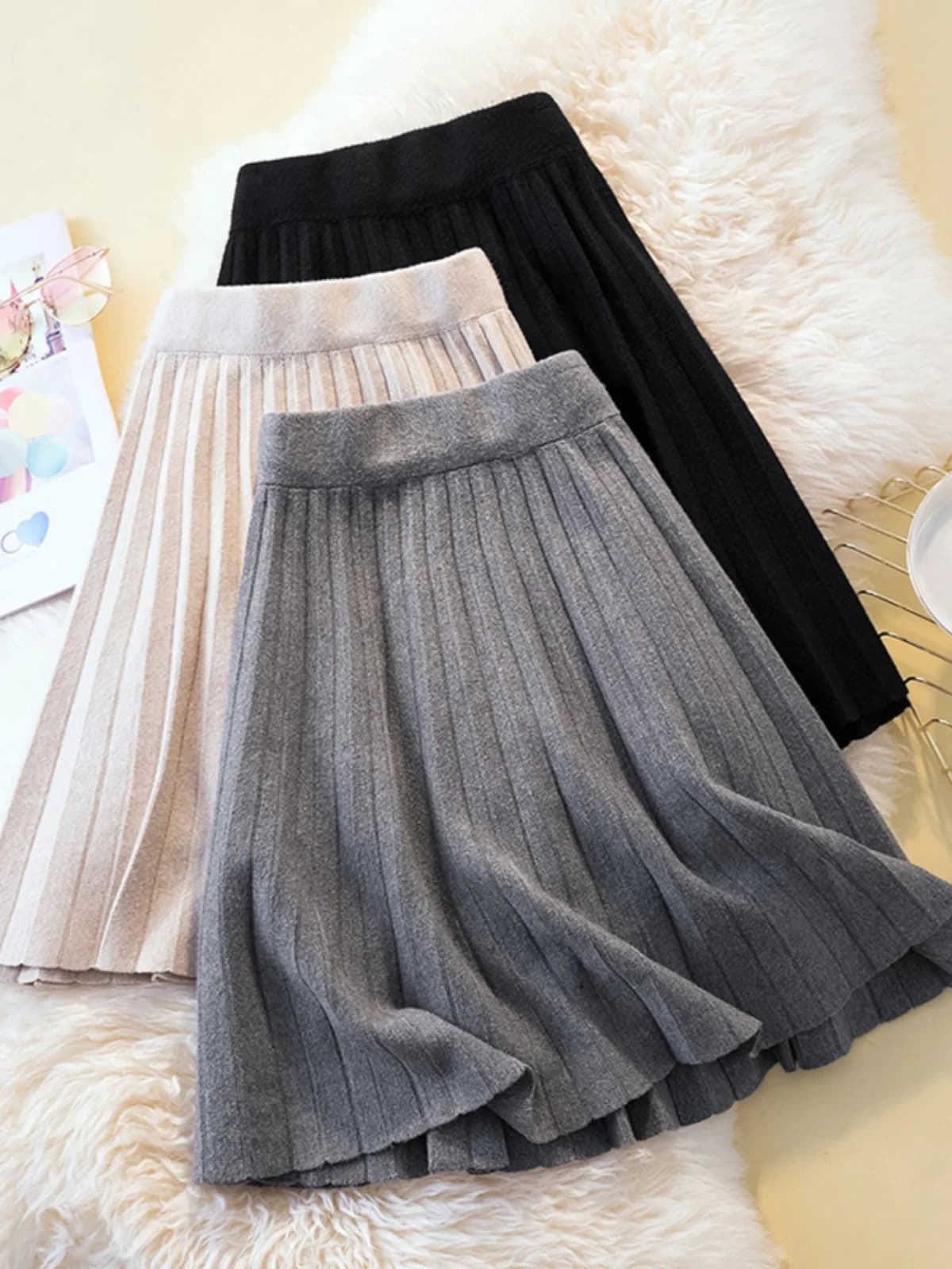 High Waist Knitted A-Line Skirt Women's Spring Autumn plus Size Slimming Pleated Skirt Outerwear Boot Pants