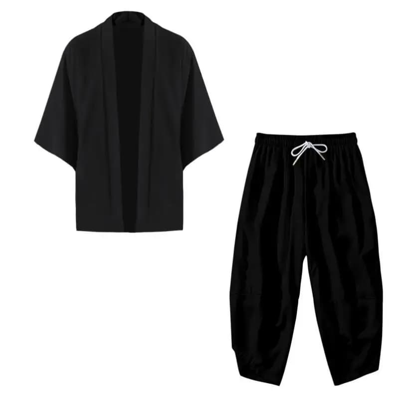 Men's Japanese Black Kimono Jacket Set Open Front 3/4 Sleeve Coat with Trousers Asian Chinese Style Printed Cardigan Suit