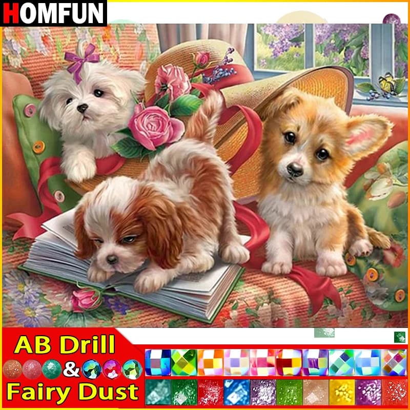 HOMFUN Fairy Dust AB Diamond painting "Animal Dog" Full Square/Round Drill Wall Decor intarsiato Resin ricamo Craft