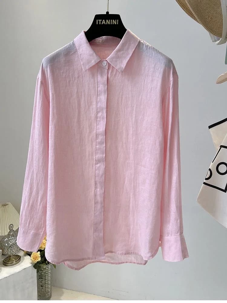 Blue Linen Women's Shirt Spring Summer New Loose Versatile Slimming Cotton Linen Sunscreen Shirt Top Comfortable Breathable L...