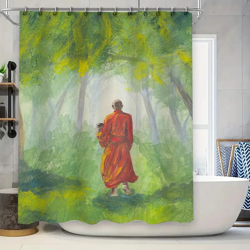 Art shower curtain with quiet scene: man in bathrobe walking under green trees Green bathroom decoration (Gr