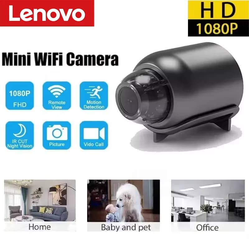 Mini telecamera di sicurezza Lenovo 1080P FullHD WiFi con audio bidirezionale, rilevamento del movimento, visione notturna a infrarossi