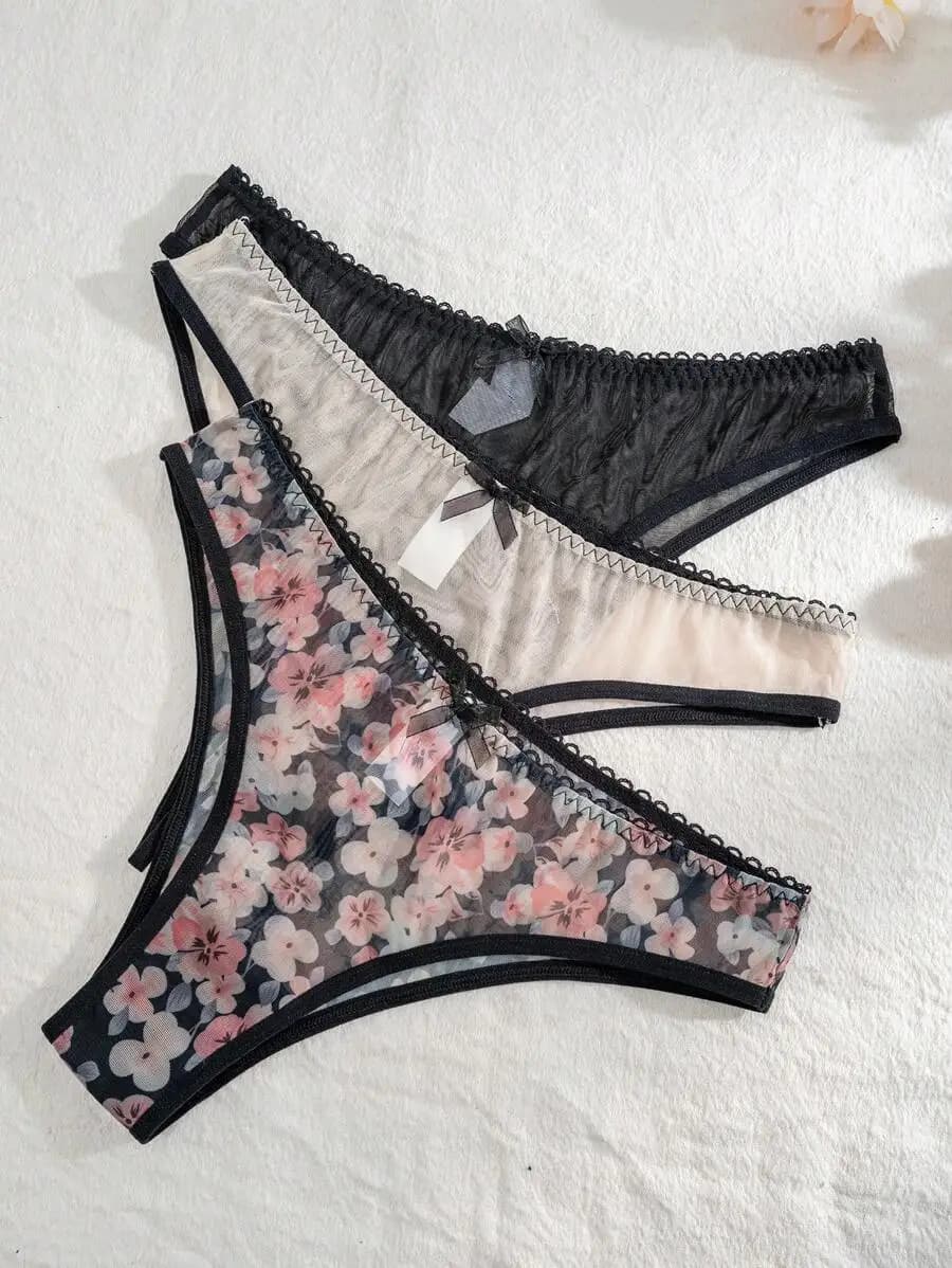 Floral Print Sheer Triangle Underwear For Women – 3 Pack With Lace Trim