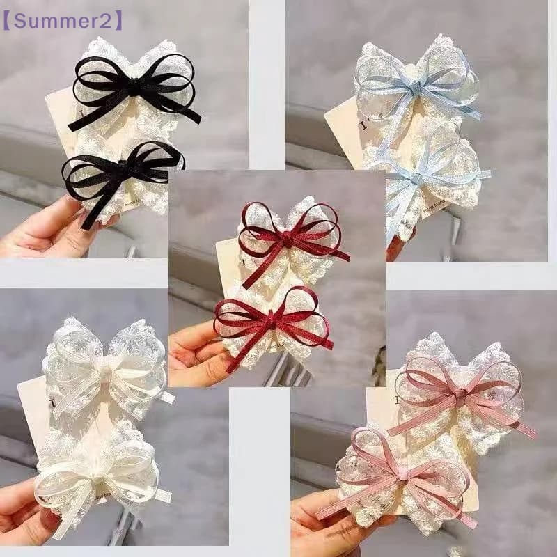 【Xia2】2Pcs Blue Red Black Hair Clip Bow Hairpins Cloth Bow Side Bangs Clip Ribbon Hair Pins Barrettes Headwear Girls{S}