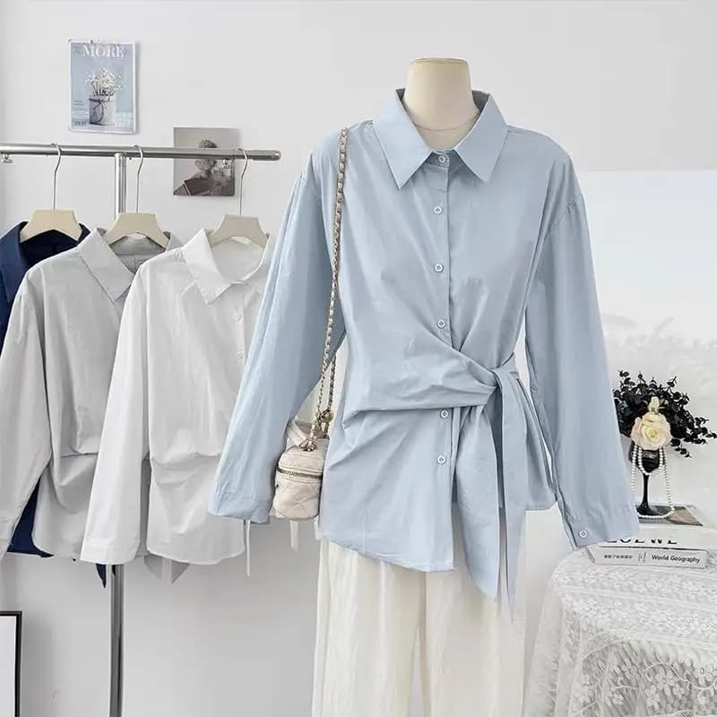 Camicia da donna a maniche lunghe con collo e cintura irregolare in stile francese, monopetto, giovanile e alla moda, per l'autunno 2025