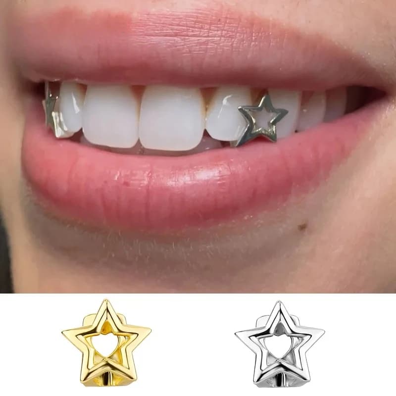 Grillz a Stella Pentagramma Punk Cavo, Coperture per Denti Colore Oro Argento, Accessorio Gioiello Halloween Uomo Donna
