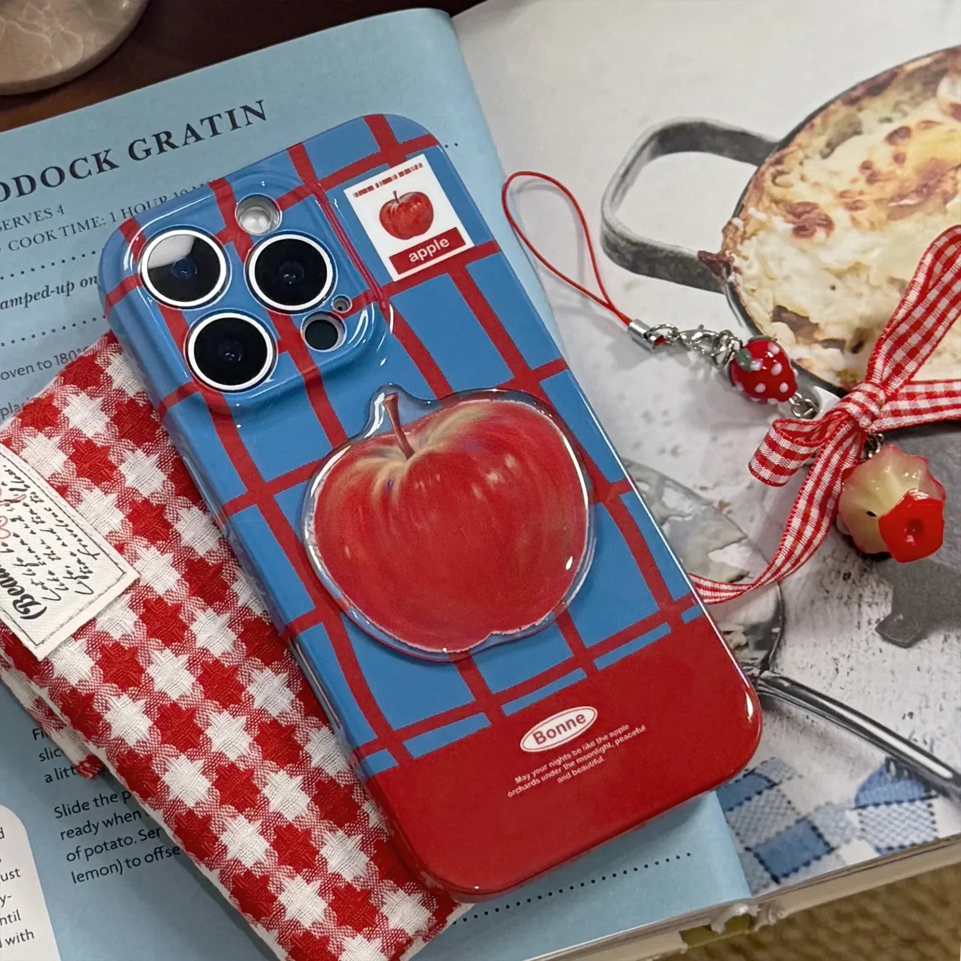Korean Plaid 3D Red Apple Phone Case With Chain For iPhone 17 Air 16 15 14 13 12 11 Pro Max XS XR X 8 Plus Shockproof Hard Cover