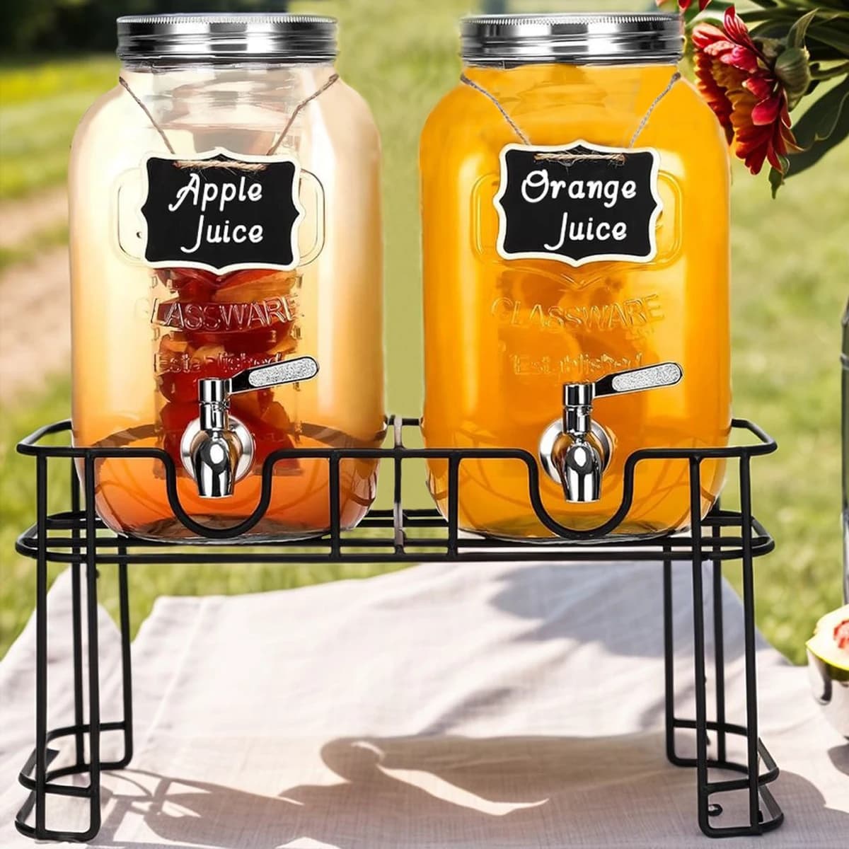 Distributore di bevande 2 confezioni Vetro da 1 gallone con supporto e rubinetto in acciaio inossidabile 304 Distributore di acqua per succo di limonata per tè freddo
