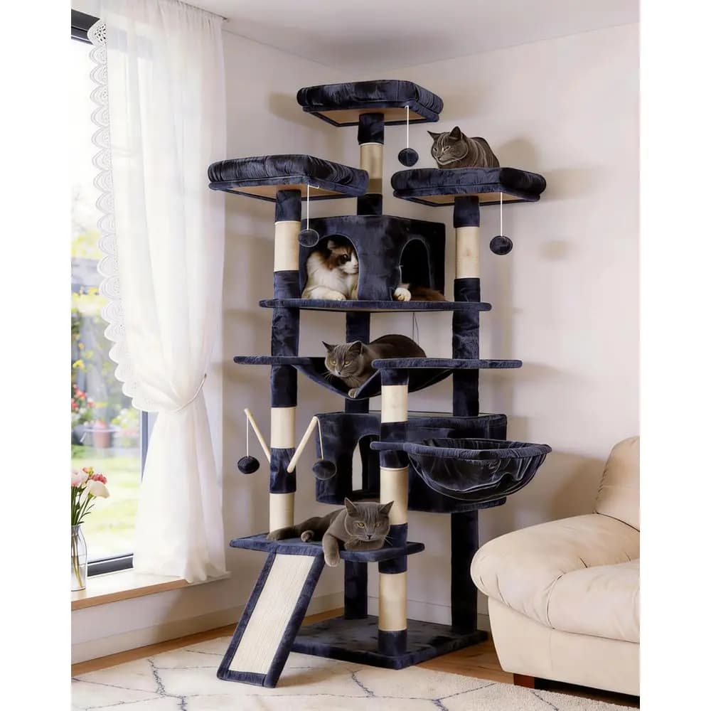 Torre per Gatti XL Multi-Livello con 3 Posizioni Imbottite, Grande Tiragraffi, Cesto Accogliente, 2 Casette e Posti per Tirare i Artigli in Grigio Fumo