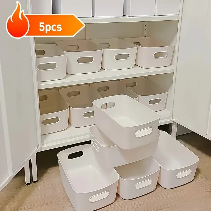 Set di 5 Scatole Impilabili, Contenitori Organizzatori in Plastica Rettangolari, Durevoli, Riutilizzabili, per Cucina, Bagno, Essenziali per Dormitori