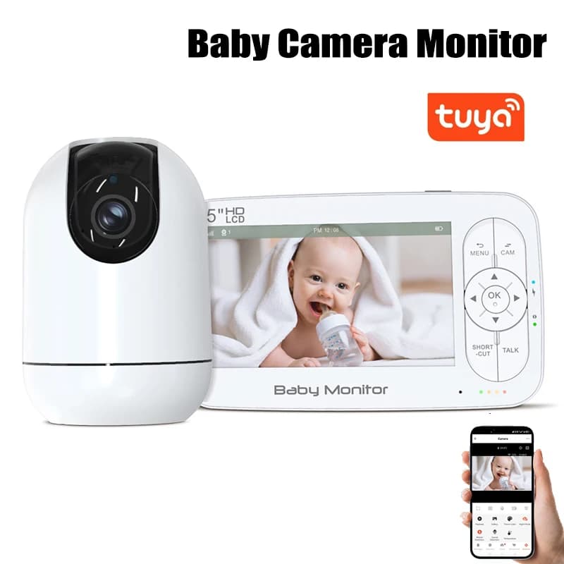 Monitor Video Wireless per Bambini da 5'' 720P con Zoom 4X, Telecamera PTZ, Slot per Scheda TF, Tuya Wifi, Audio Bidirezionale, Interfono, Telecamera di Sicurezza, Babysitter
