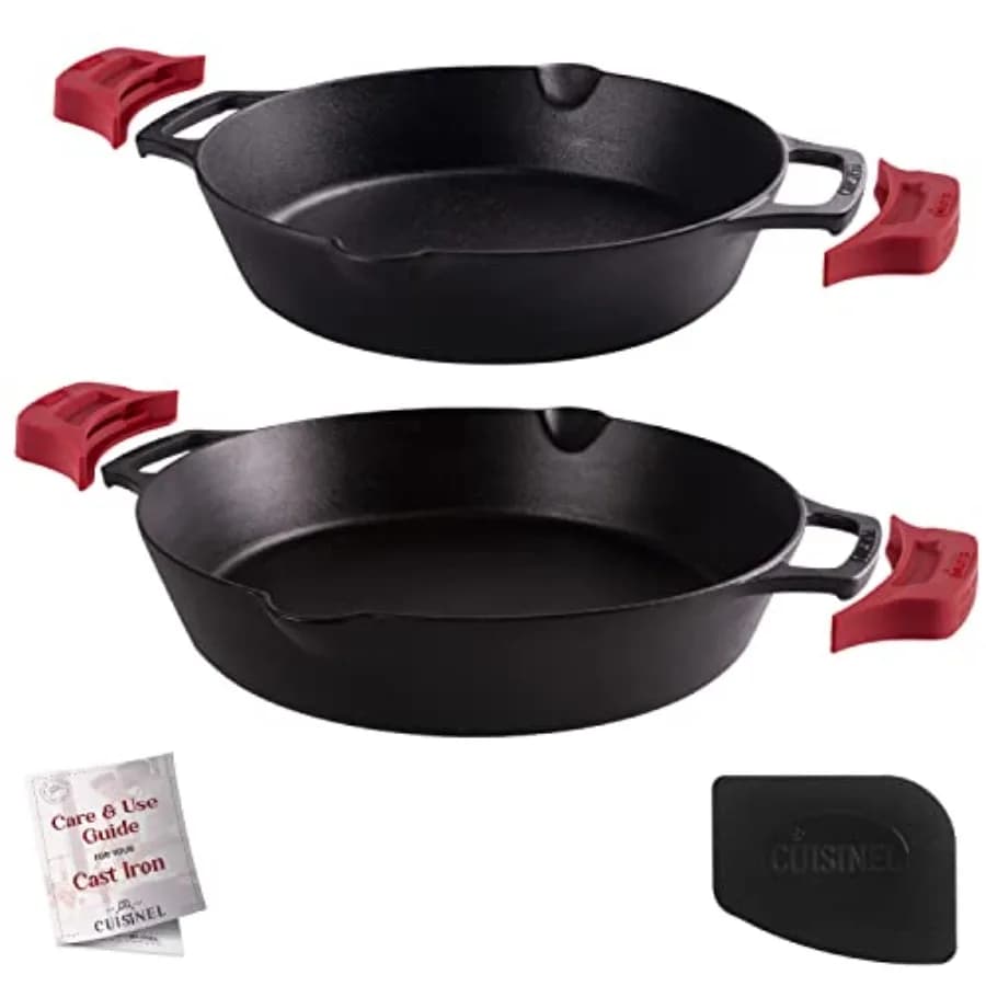 Set of Ghisa pans - 10 and 12 Poles with Double Handle + Silicone Covers + Raschietto per Padelle - Prepared for Oven