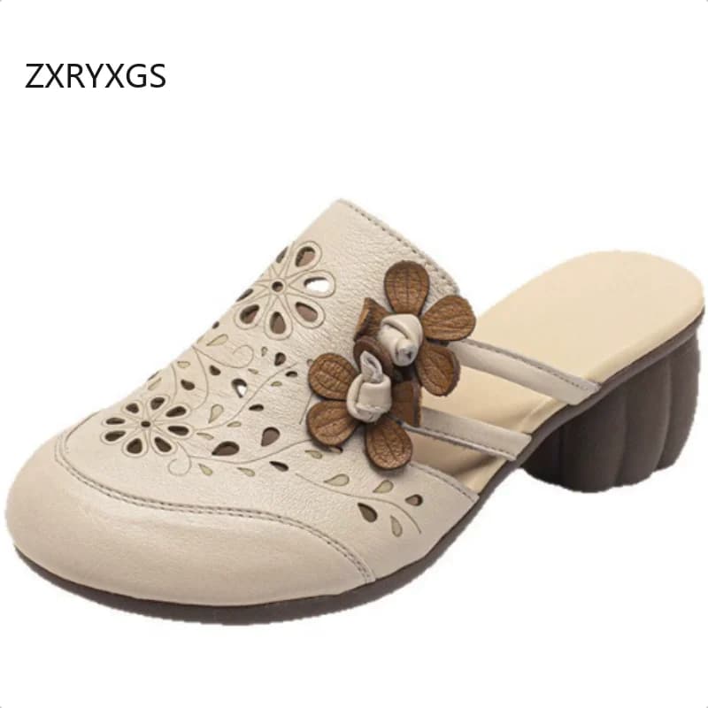 ZXRYXGS Genuine Leather Hollow Round Toe Flowers Women Fashion Slipper 2026 New Trendy Summer Outerwear Slippers Thick Mid Heels