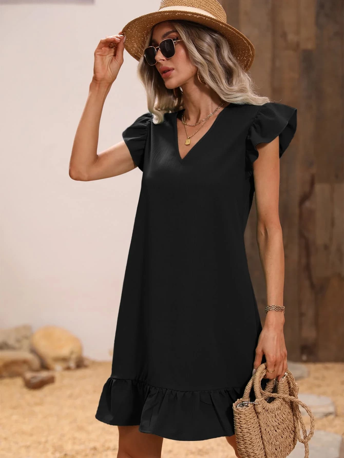 Abito smock con scollo a V e volant per donna