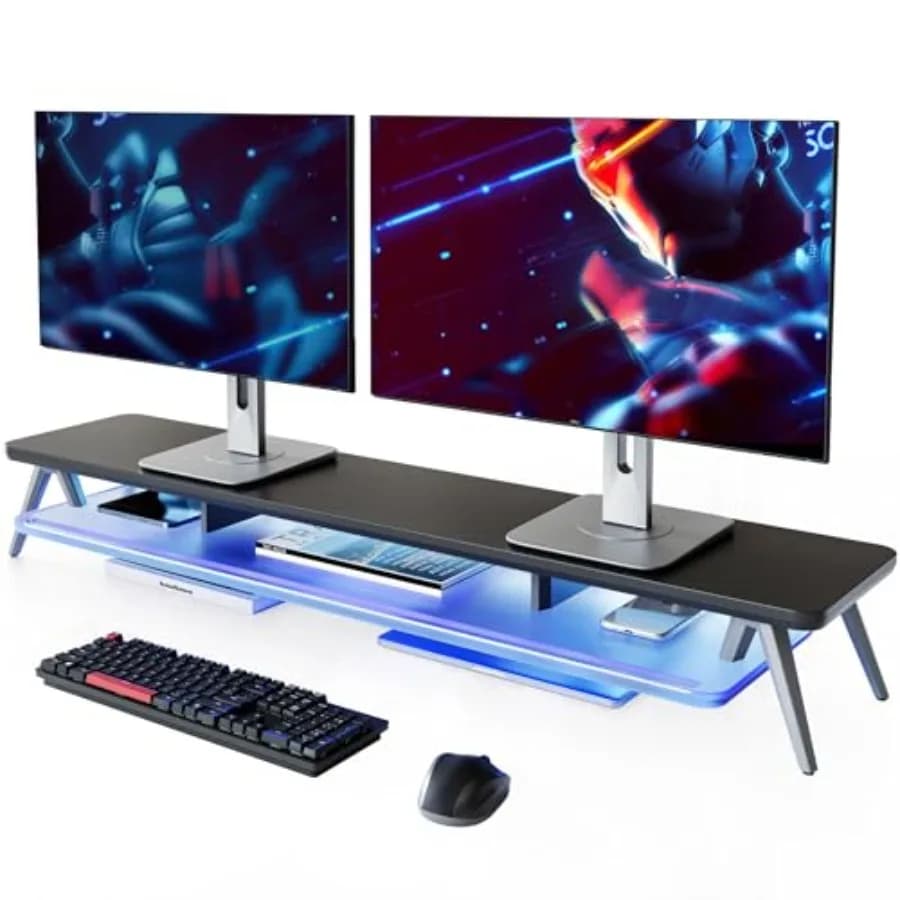 Dual Monitor Stand for Office Desk Use Acrylic and Wood-Aluminum Composite Black with LED Lights Space-Saving 2-Tier Design wit