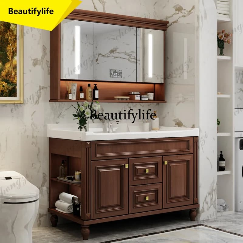 M02 Solid Oak American-Style Bathroom Vanity with Ceramic Integrated Modern Smart Mirror Included Handwashing Basin Furniture