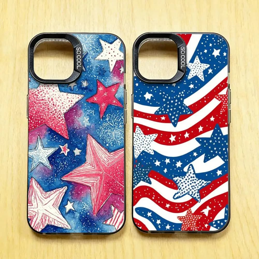 Cover Morbida Antiurto per iPhone 17 16 Pro Plus X XS Max Air Mini 15 14 con Stelle del Giorno dell'Indipendenza USA