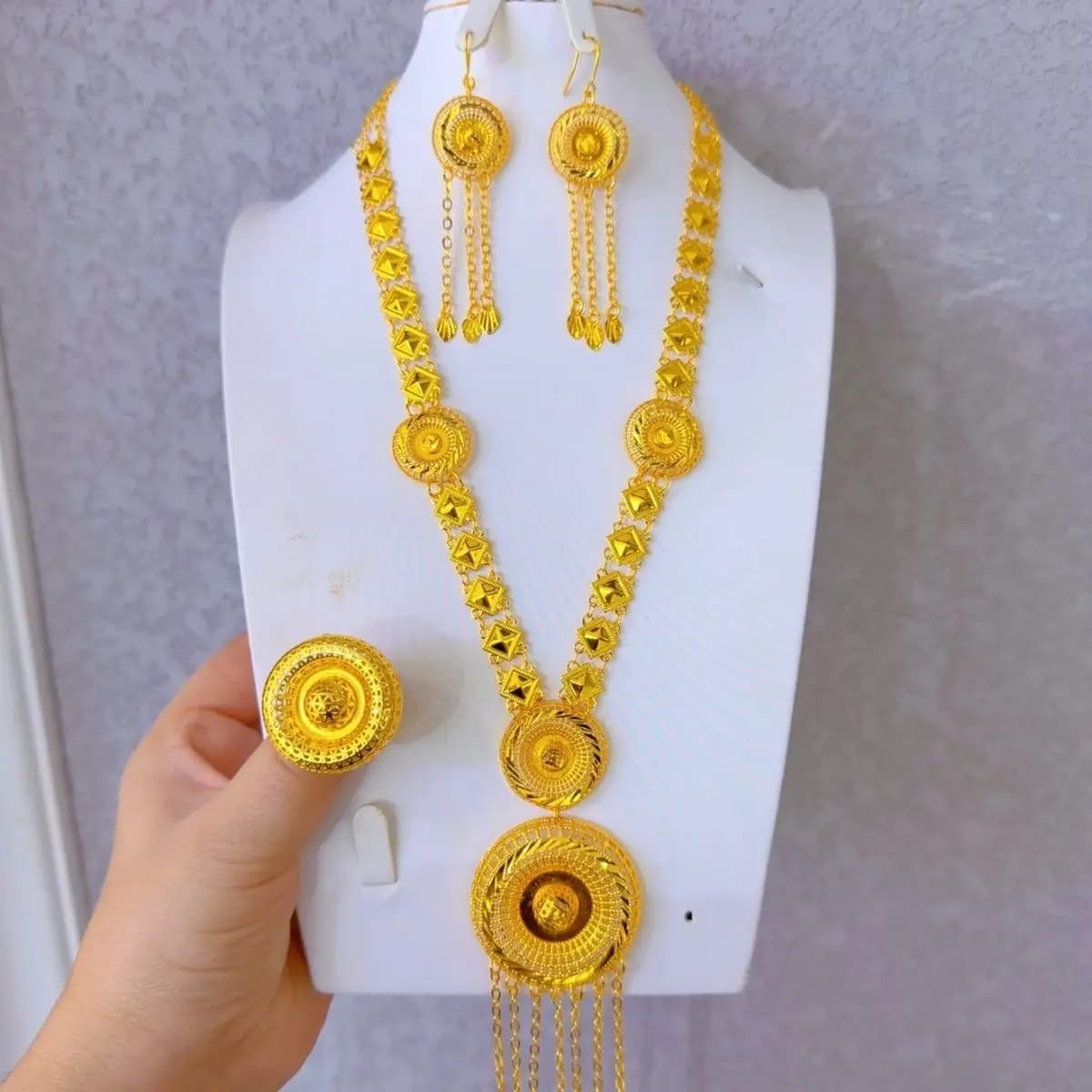Fashion Dubai 24K Gold Plated Customized Necklace Earrings Rings Wedding Christmas Gift Jewelry Set for Lovers DD10967