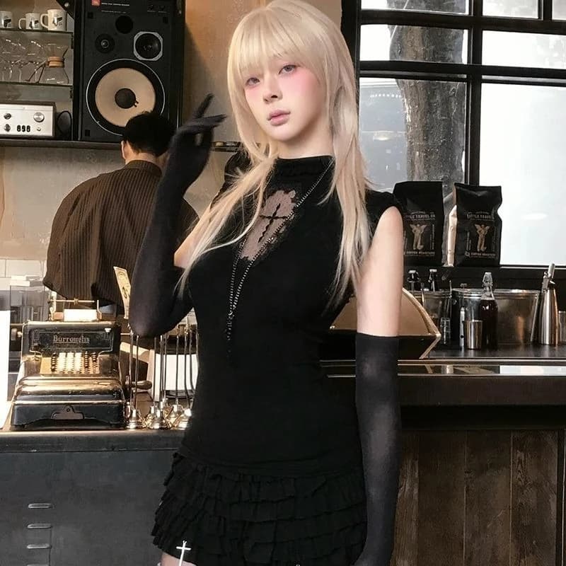 Y2K Coquette Black Sleeveless Blouse High Neck Lace Cross Insert Slim Fit Subculute Sheer Panel Gothic Punk Style Edgy Top 2026