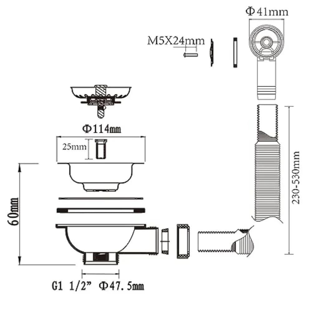 Kit di Scarico per Lavello da Cucina in Acciaio Inox Rivestito in Oro Titanio con Foro di Troppopieno Rotondo e Cestello Raccogli Rifiuti