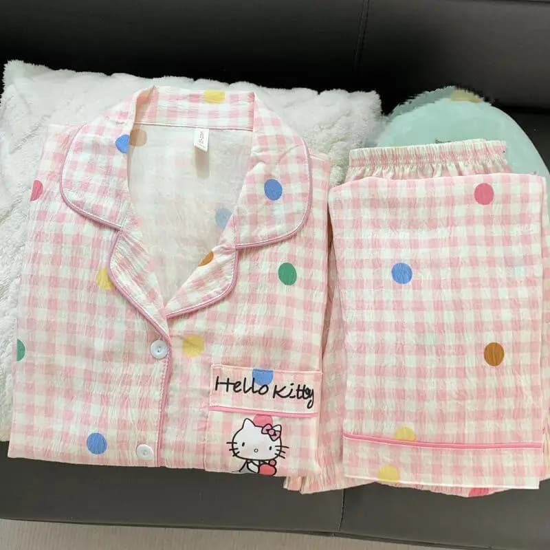 Pigiama da Donna a Maniche Lunghe e Pantaloni Lunghi con Motivo a Pois Stile Cartone Animato, Set Due Pezzi Casual e Comodo per Primavera e Autunno
